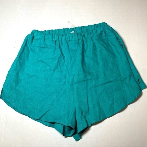 VITAMIN A Tallows Short 100% Linen in Aqua Curved Hem Pockets Pull On Size XS - Picture 1 of 13
